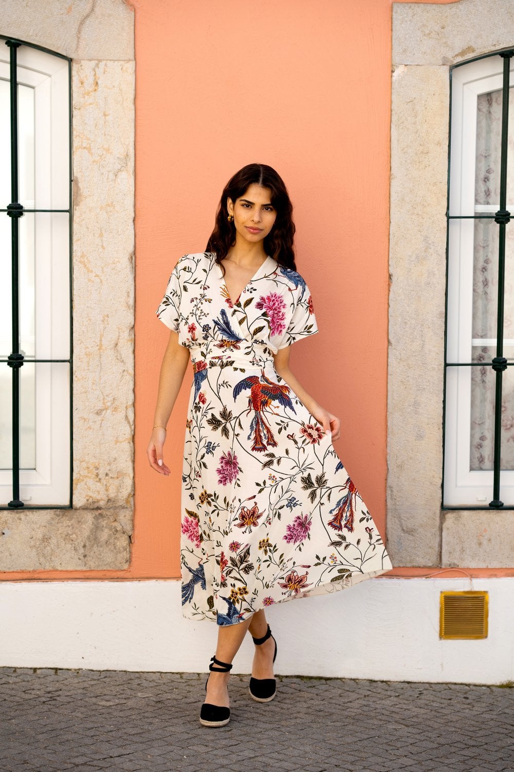 Yumi Ivory Bird and Floral Print Ruched Waist Kimono Midi Dress Envy Boutique Yumi Ivory Bird and Floral Print Ruched Waist Kimono Midi Dress Envy Boutique