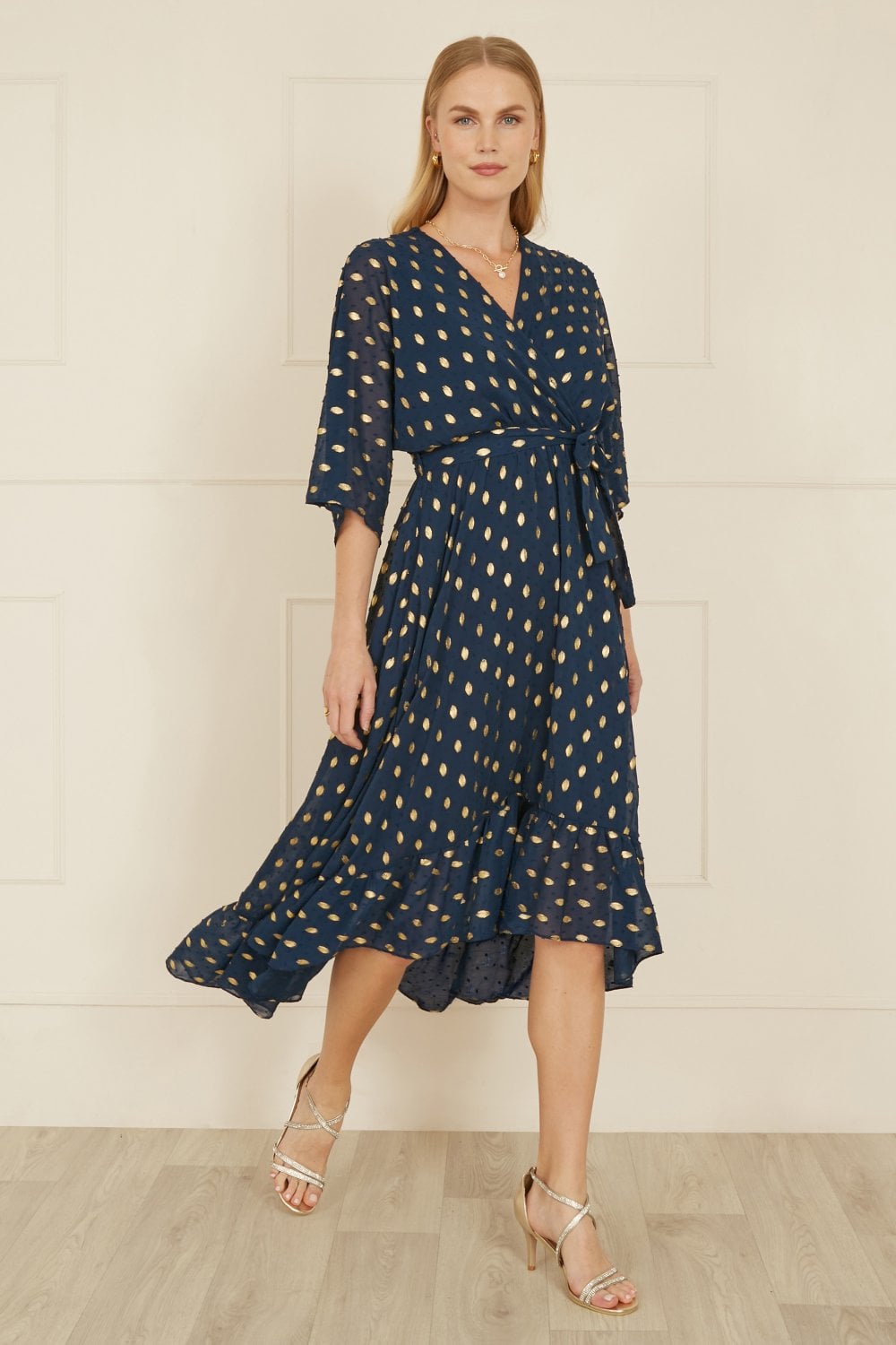 dip hem midi dress Yumi Navy Foil Print Wrap Over Dip Hem Midi Dress