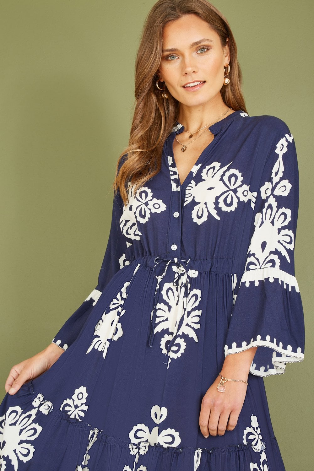 midi dress with full sleeves Yumi Navy Viscose Midi Dress With Long Sleeves