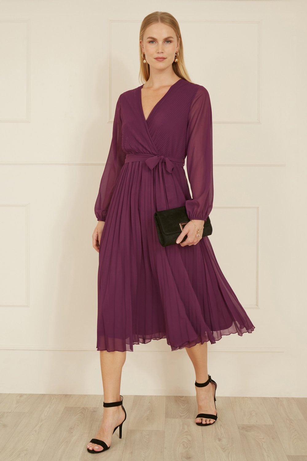 Yumi Plum Pleated Wrap Midi Dress With Sheer Long Sleeves Yumi Plum Pleated Wrap Midi Dress With Sheer Long Sleeves