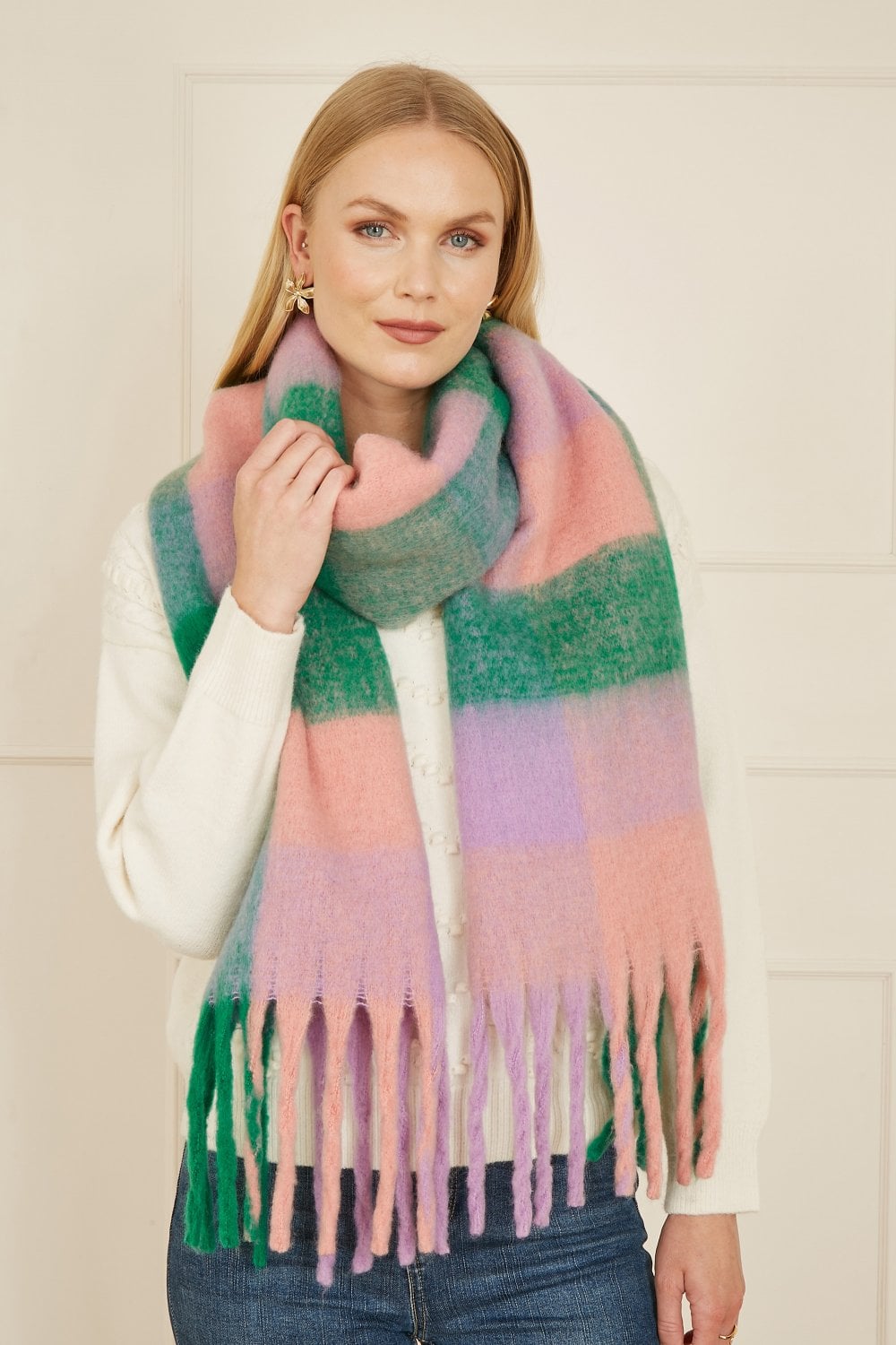 Yumi Purple And Green Check Fluffy Scarf