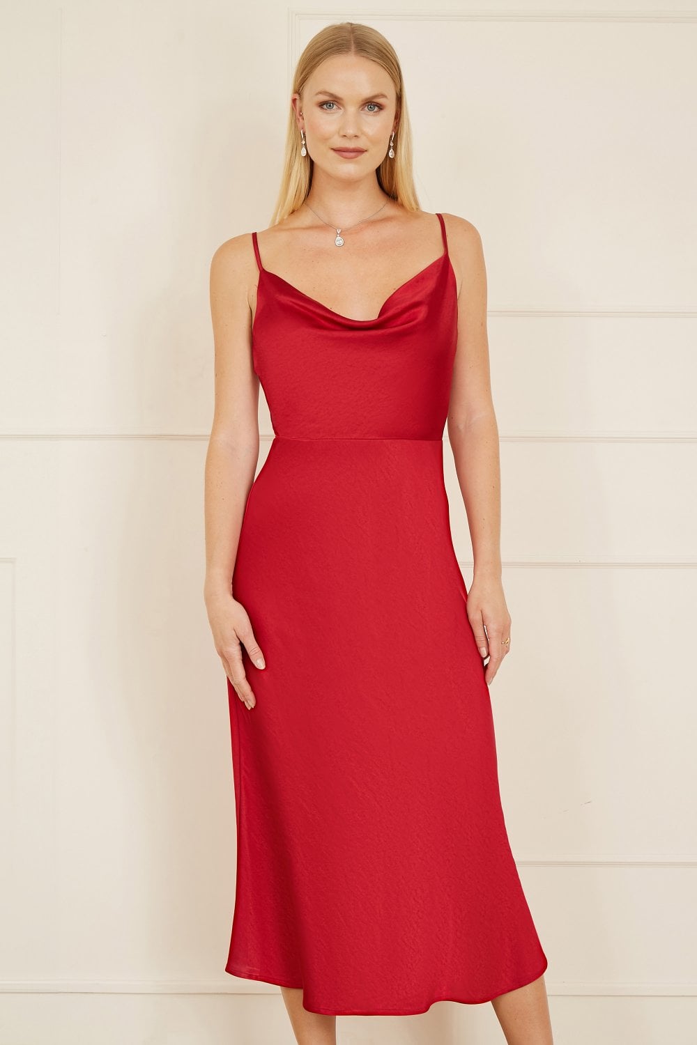 open lace back dress Jordy Coral-Red Satin Midi Dress W/ Slit