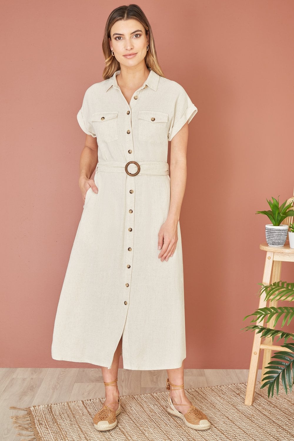 Yumi Stone Viscose Linen Look Midi Shirt Dress With Wooden Belt – Envy  Boutique