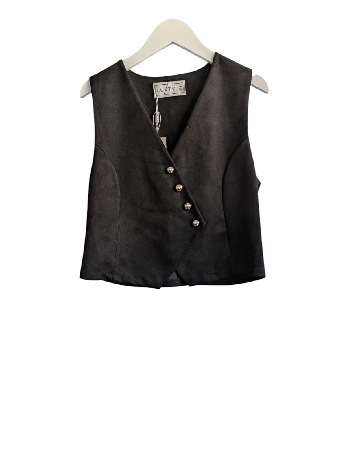 Elegant black waistcoat with stylish buttons, designed to fit UK sizes 8-14, perfect for a chic layered look.