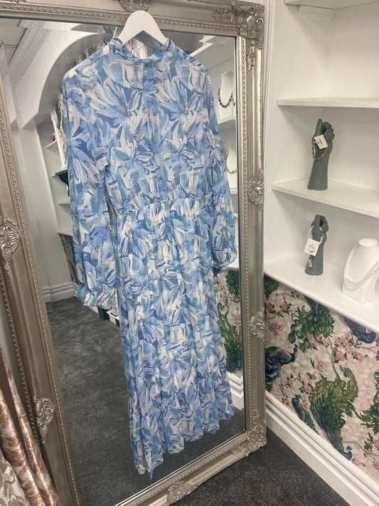 Maxi Floral Dress Long-Sleeve Blue One Size Fits 8-14