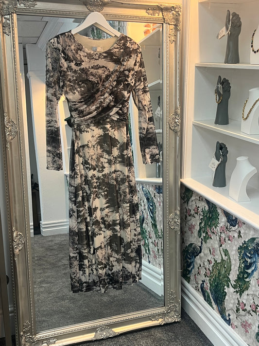Elegant black longsleeve crossover dress with a flattering fit, designed to suit sizes 8-14 with effortless style.