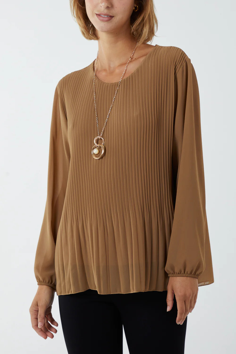 Pleated Longsleeve Top with Necklace One Size 8-16 - other colours available