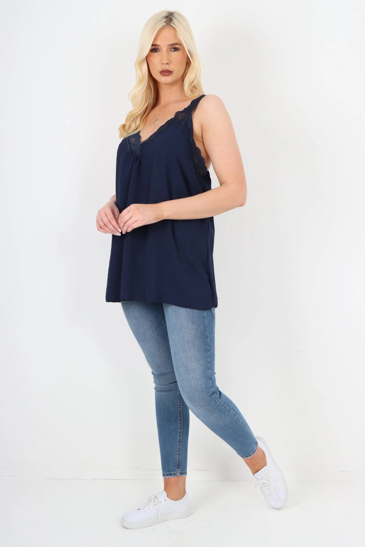 Italian V Neck Lace Detail Vest Top One Size Fits 8-18uk