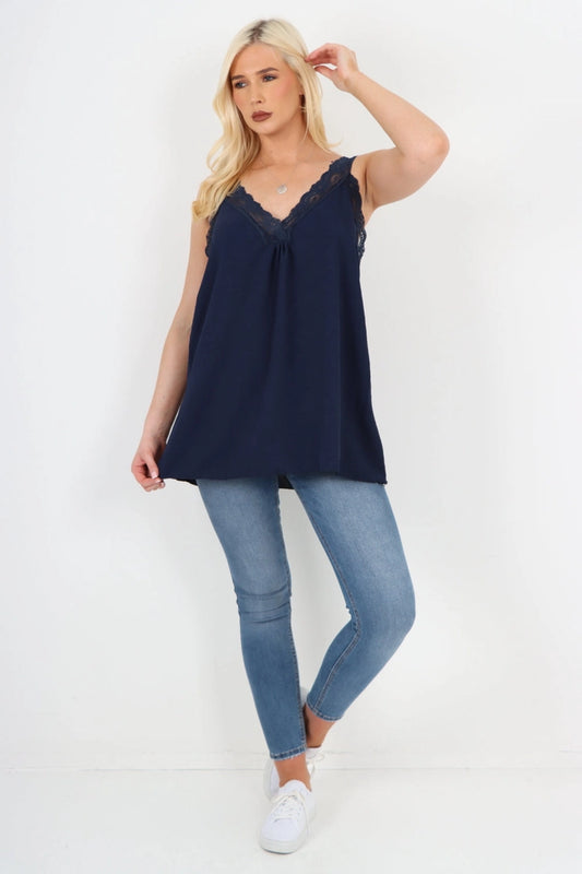 Italian V Neck Lace Detail Vest Top One Size Fits 8-18uk