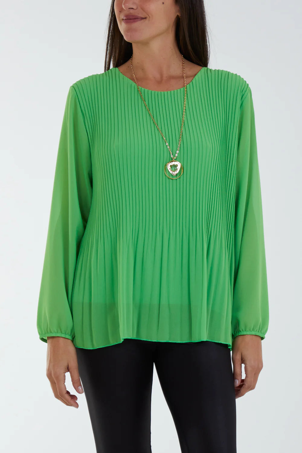 Pleated Longsleeve Top with Necklace One Size 8-16 - other colours available