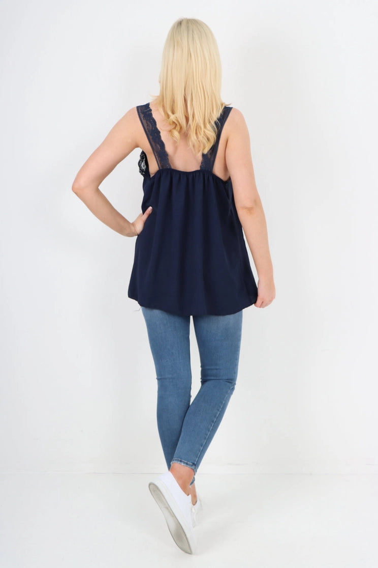 Italian V Neck Lace Detail Vest Top One Size Fits 8-18uk
