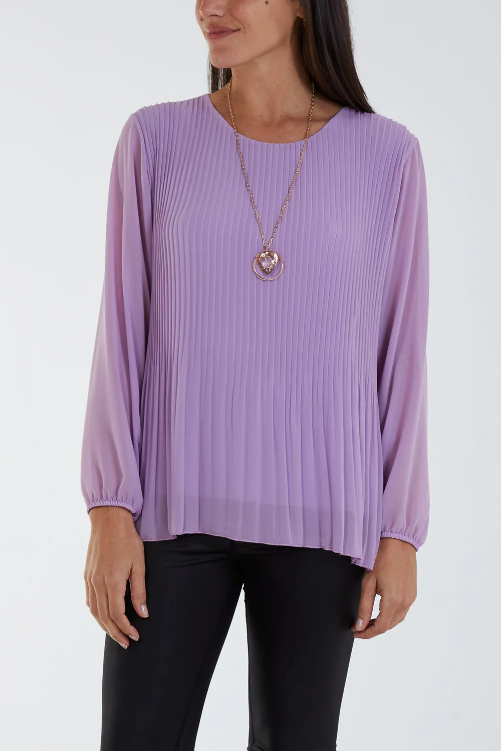 Pleated Longsleeve Top with Necklace One Size 8-16 - other colours available