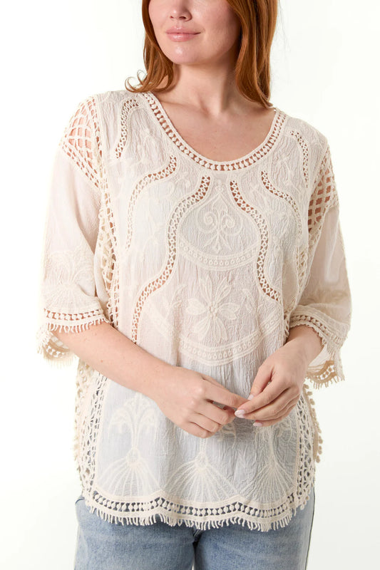 Embroidered & Crochet Cotton Top (one size fits 8-16uk)