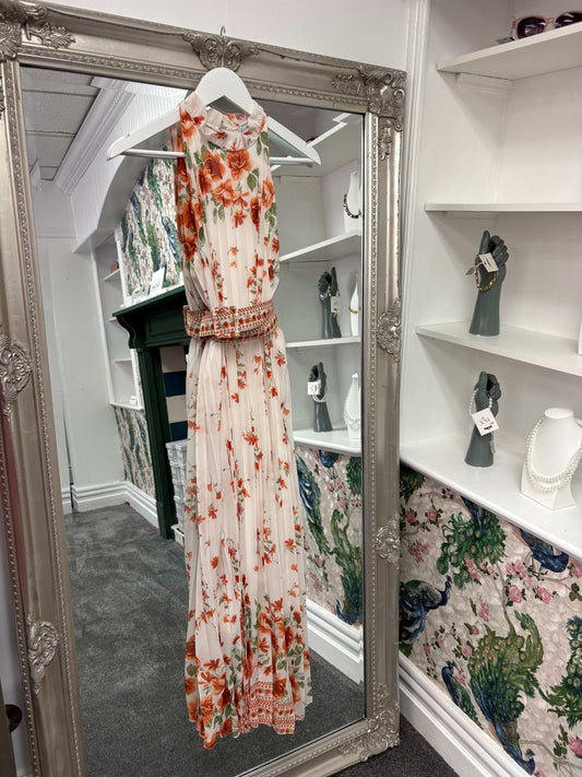 Luxtyle High Neck Pleated Orange Flower Dress One Size fits 8-20