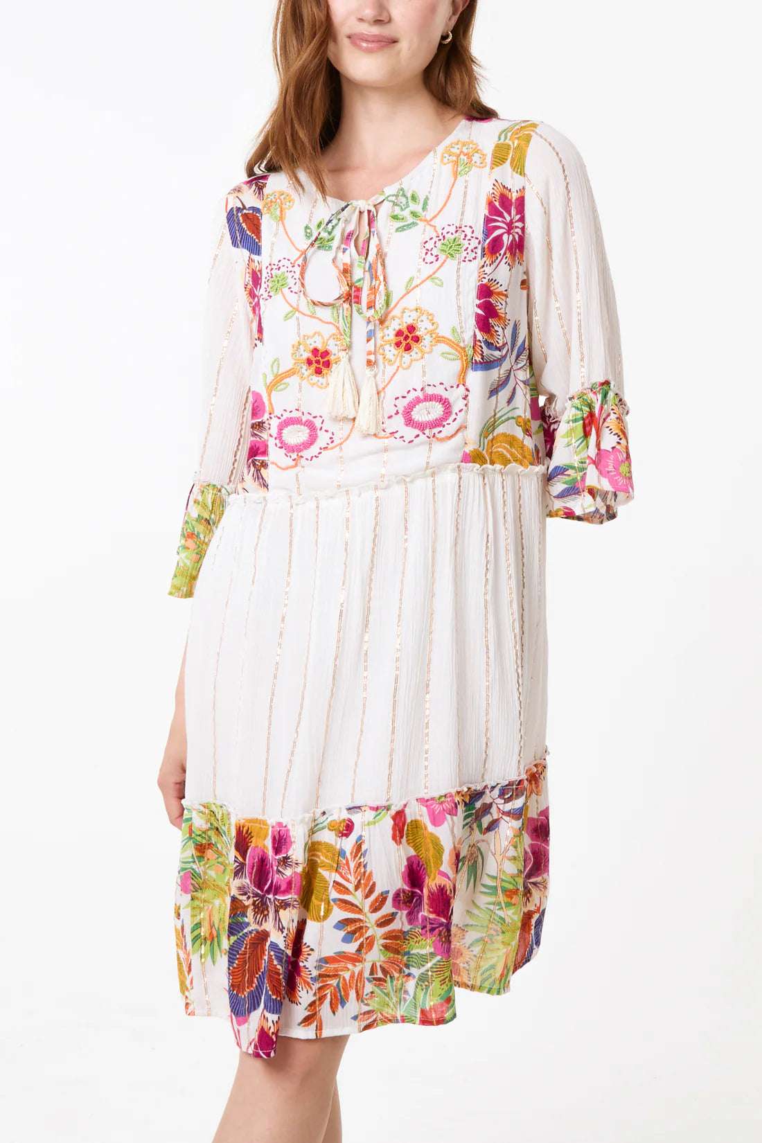 Tropical Floral Embellished Smock Dress