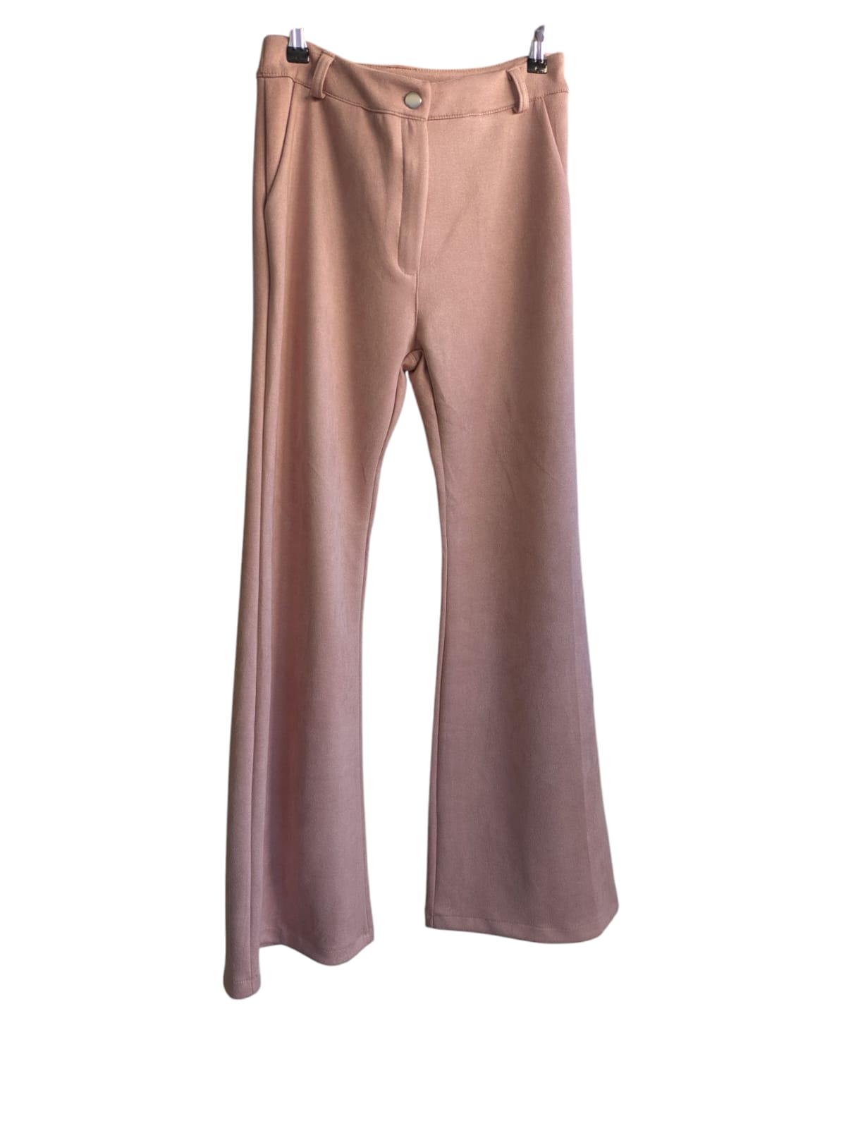 Stylish pink trousers with decorative buttons, designed to fit UK sizes 8-14, offering a flattering and versatile look.