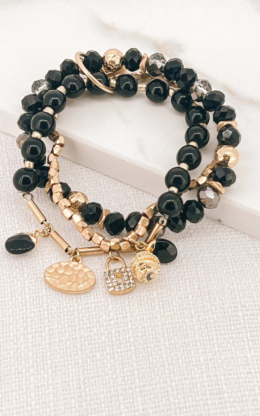 Envy Gold and black triple layer stretch charm bracelet