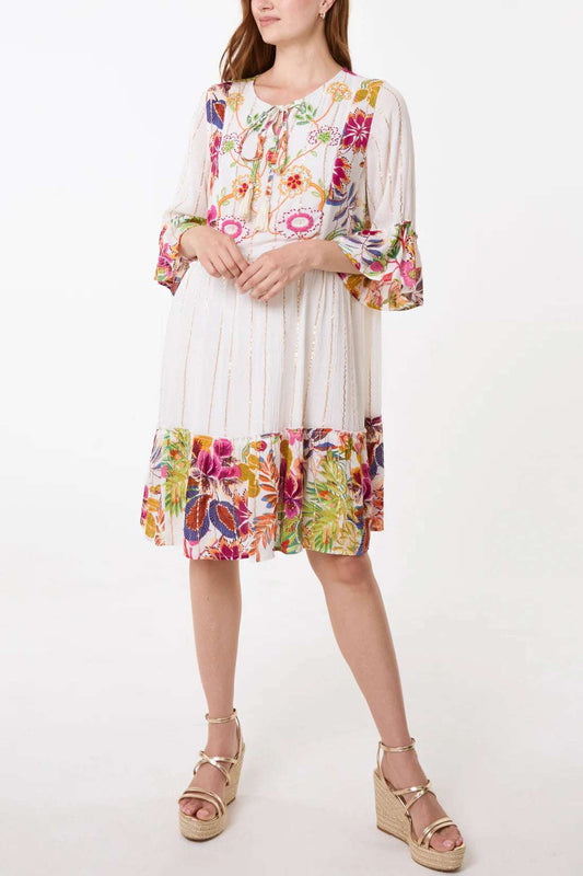 Tropical Floral Embellished Smock Dress