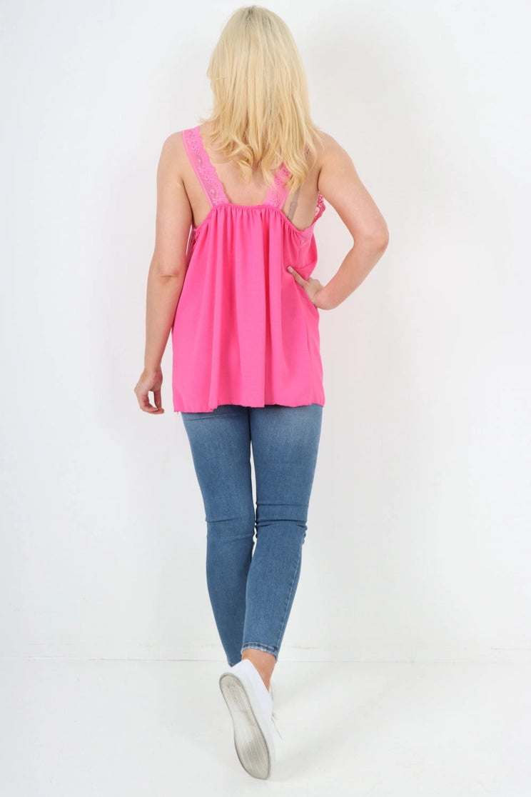 Italian V Neck Lace Detail Vest Top One Size Fits 8-18uk