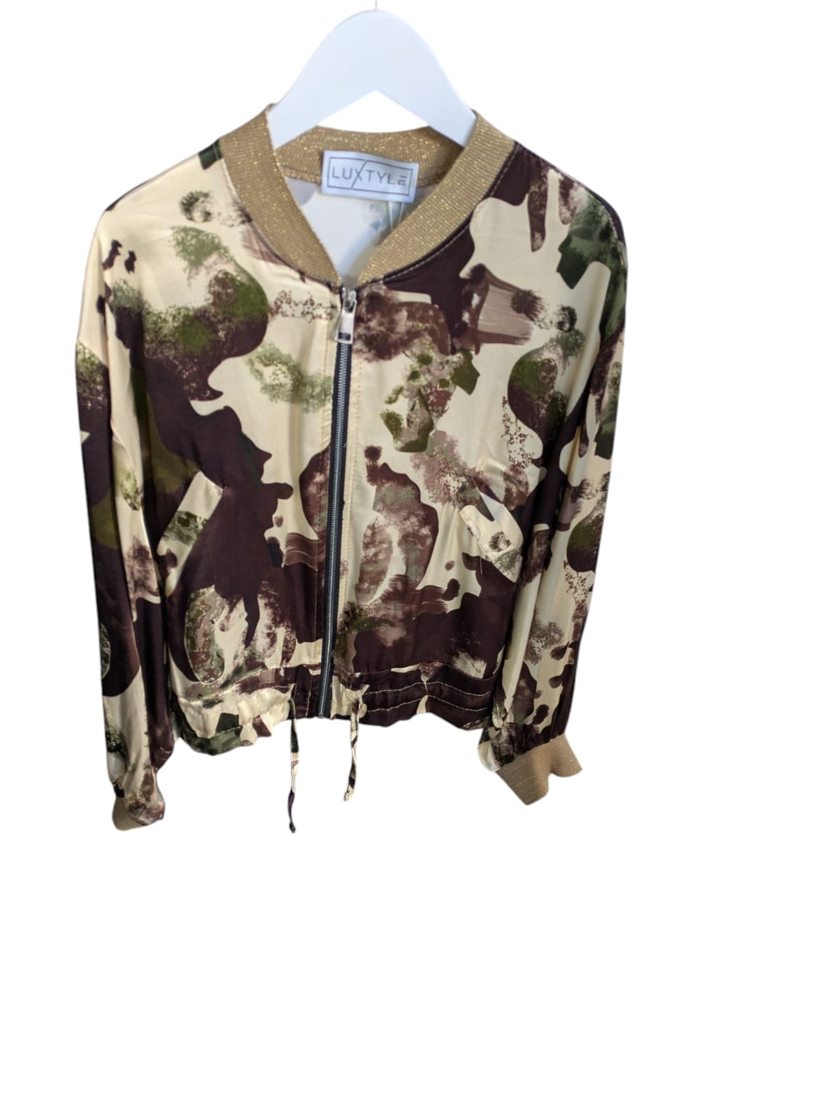 Stylish Luxtyle brown print jacket in a versatile one-size design, fitting sizes 8-14/16, with a chic patterned finish.