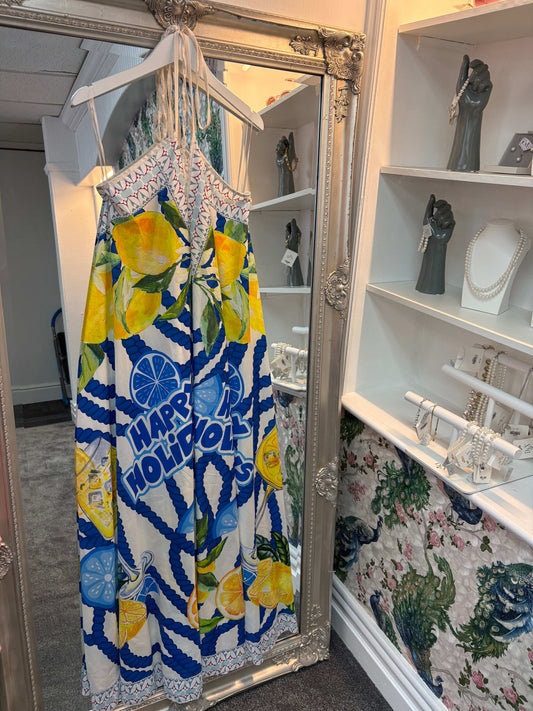 Blue and Lemon Happy Holidays Maxi Dress One Size 8-18