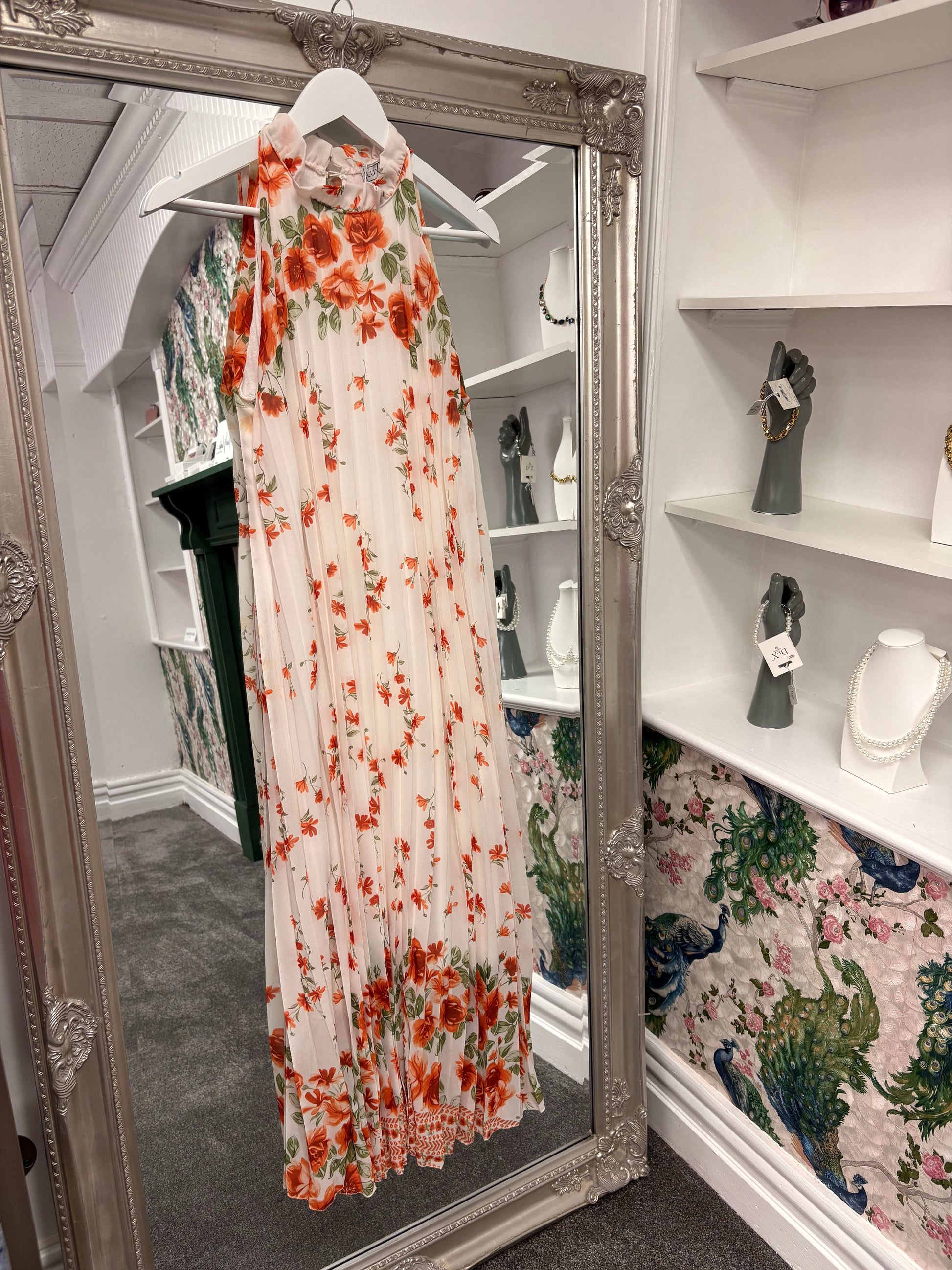 Luxtyle High Neck Pleated Orange Flower Dress One Size fits 8-20
