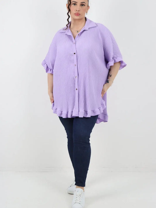 Italian Pleated Dip Hem Button Down Shirt Top One Size fits 8-22uk