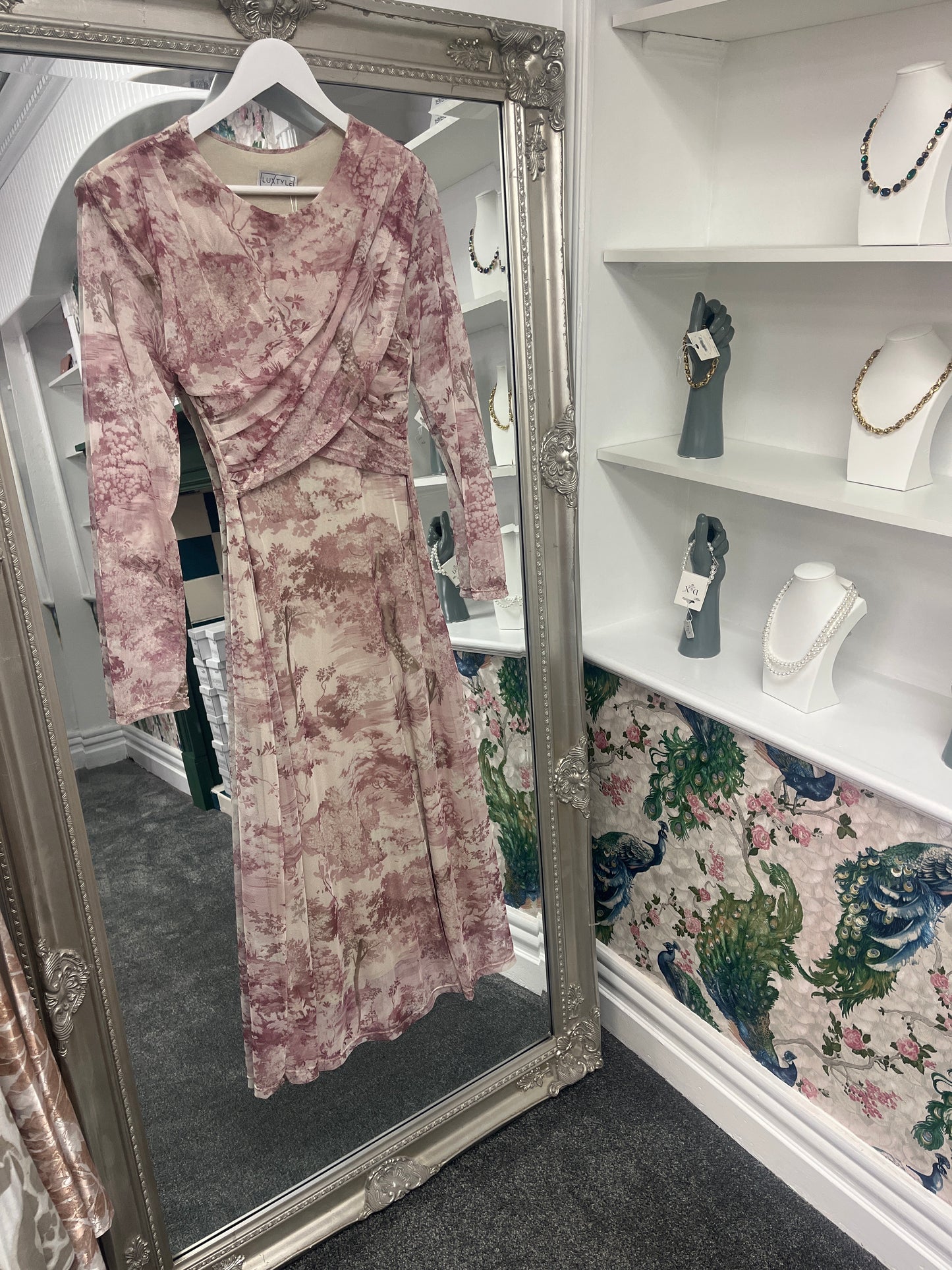 Elegant pink long-sleeve crossover dress by Luxtyle, designed to flatter sizes 8-14 with a stylish, versatile fit.