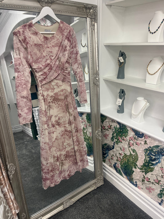 Elegant pink long-sleeve crossover dress by Luxtyle, designed to flatter sizes 8-14 with a stylish, versatile fit.