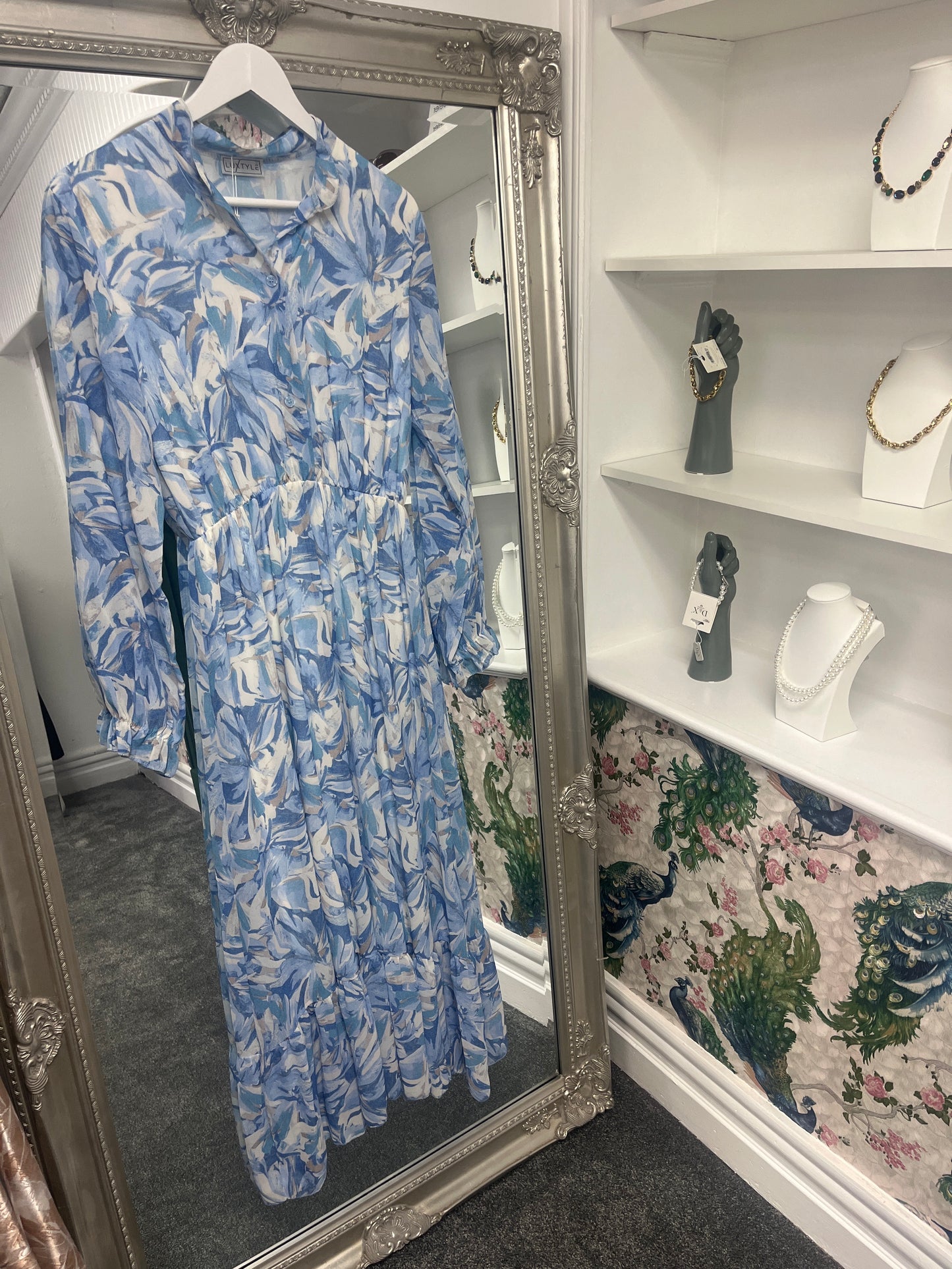 Maxi Floral Dress Long-Sleeve Blue One Size Fits 8-14