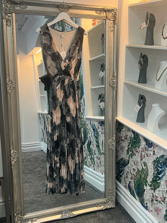 Elegant grey pleated floral dress with a flattering fit for sizes 8-14, featuring delicate patterns and soft fabric.