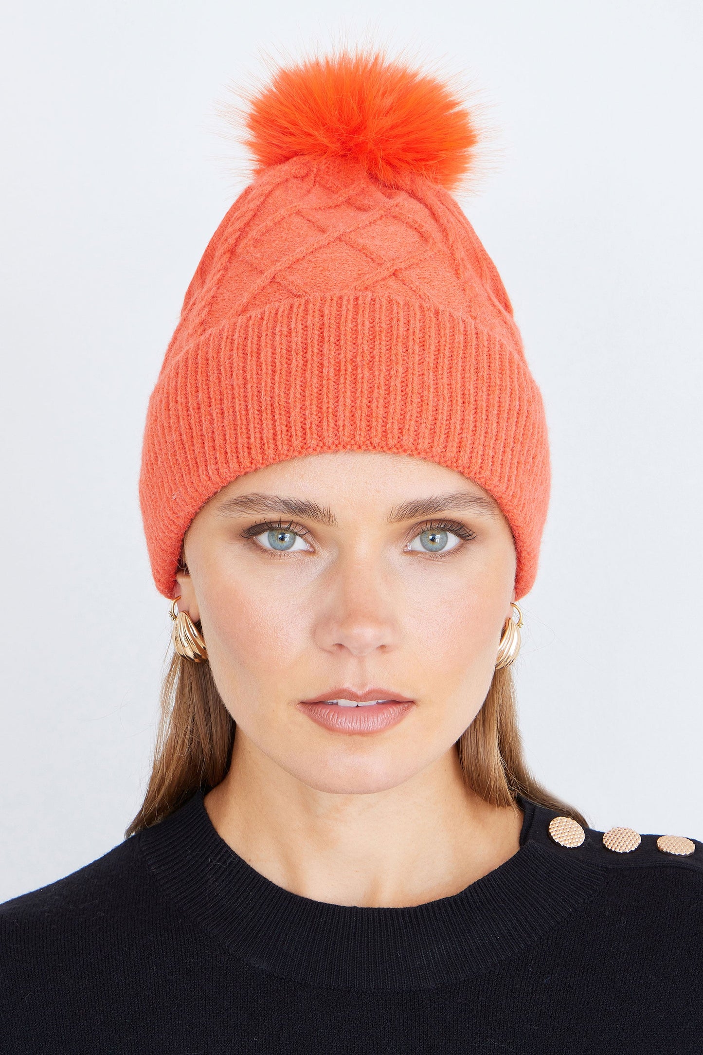 Yumi Orange Cable Knit Bobble Hat