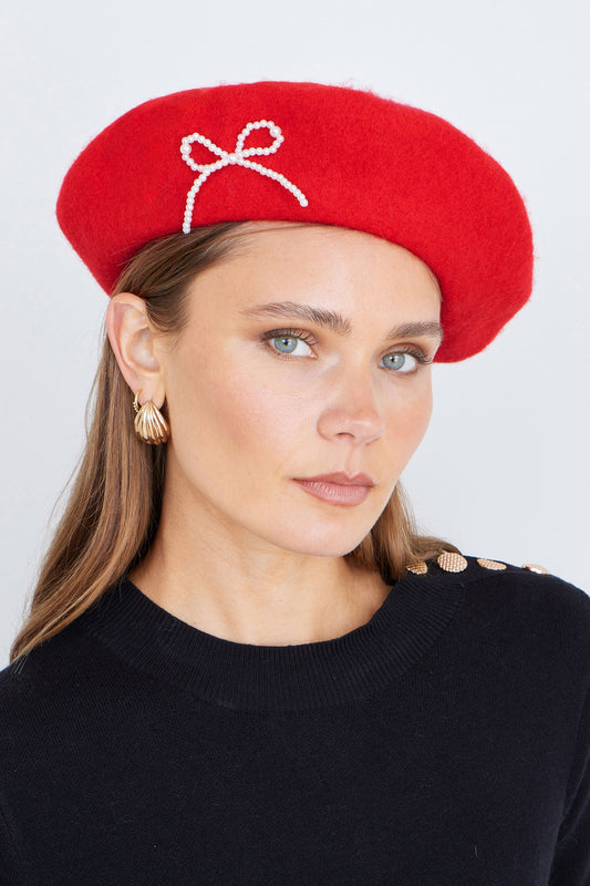Yumi Red Pearl Bow Beret