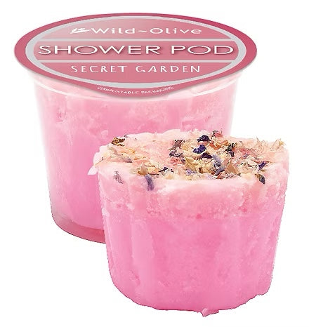 Vibrant Wild Olive Shower Pods in mini pots, showcasing their eco-friendly, exfoliating texture for a luxurious cleanse.