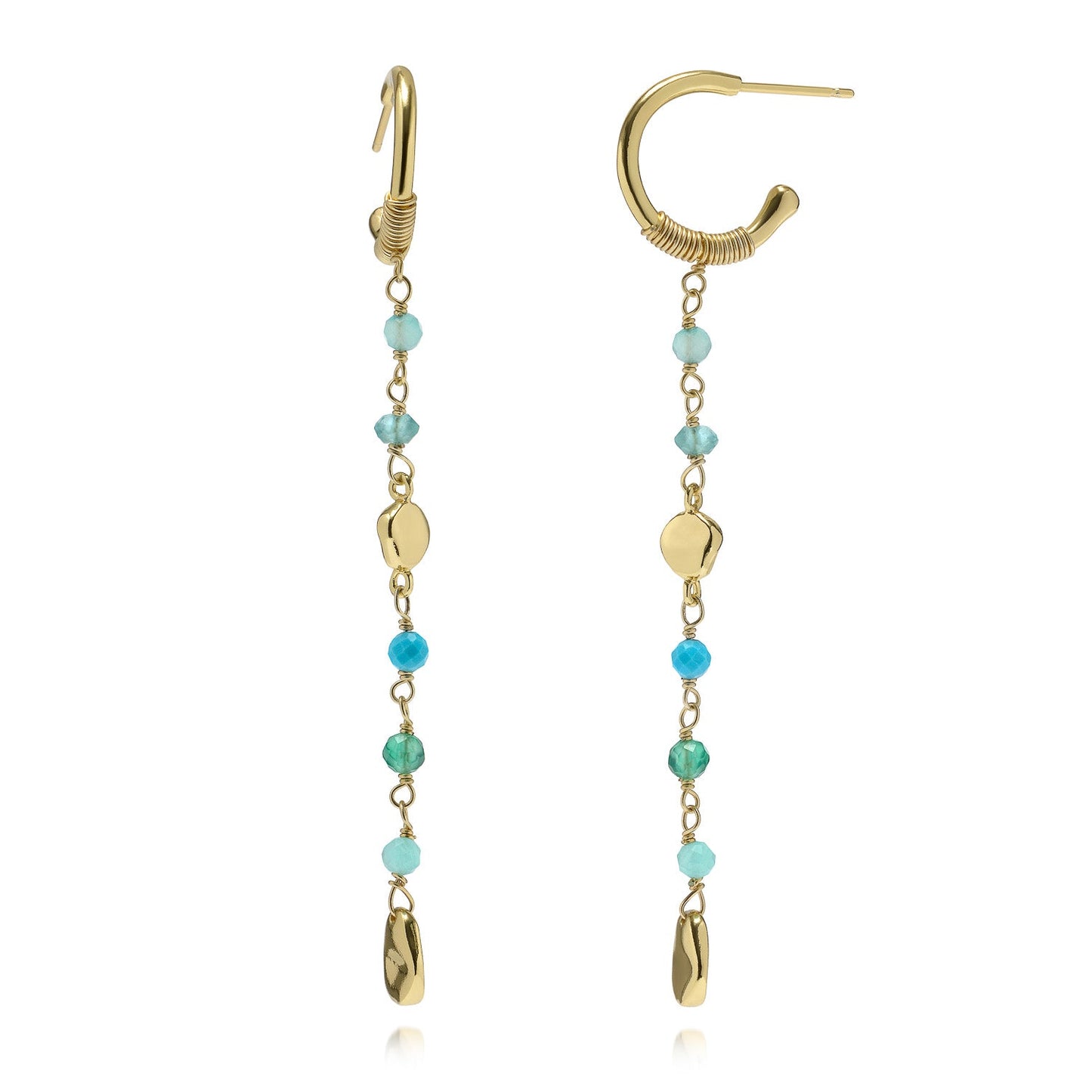 Sofia Small Hoop Earrings with Bead and Gold Nugget Chain Drop: Amazonite, Apatite, Turquoise & Green White Jade