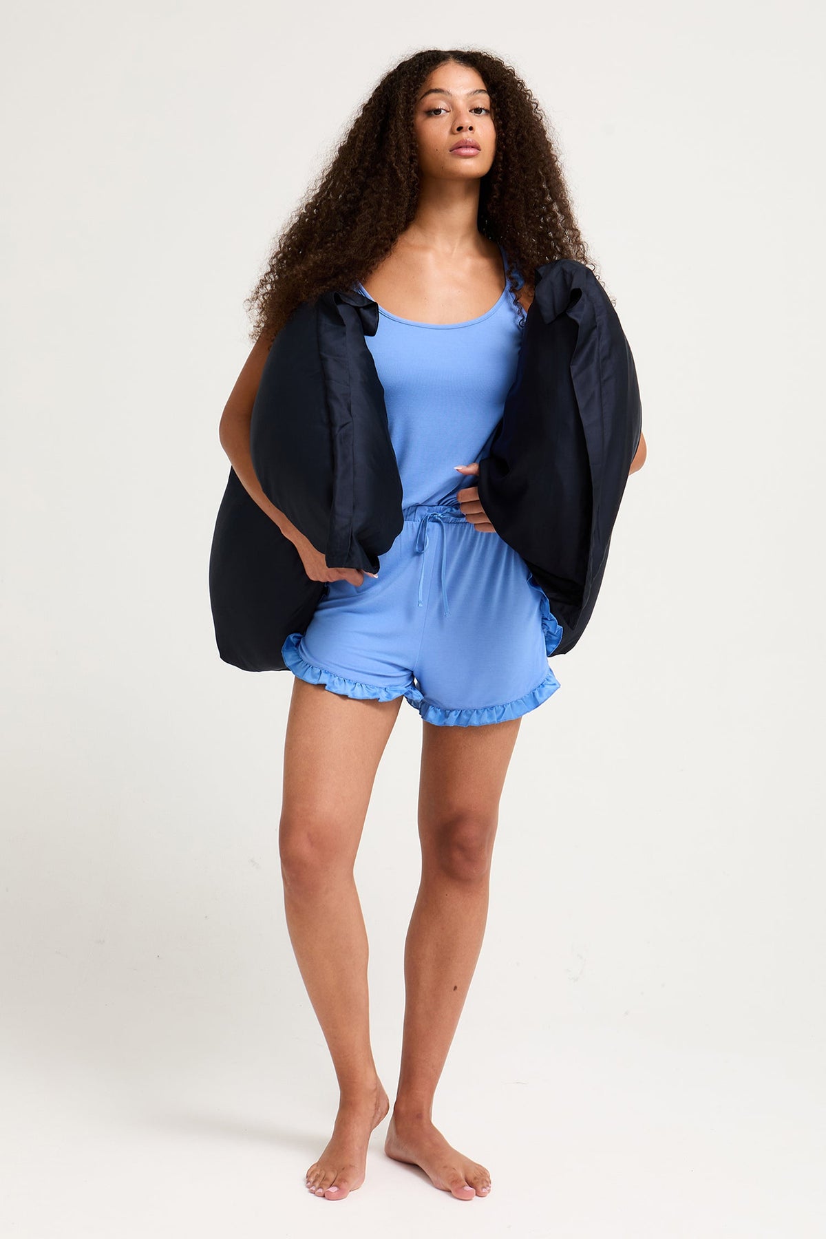 Bamboo Frill Cami Short Pyjama Set in Cornflower Blue