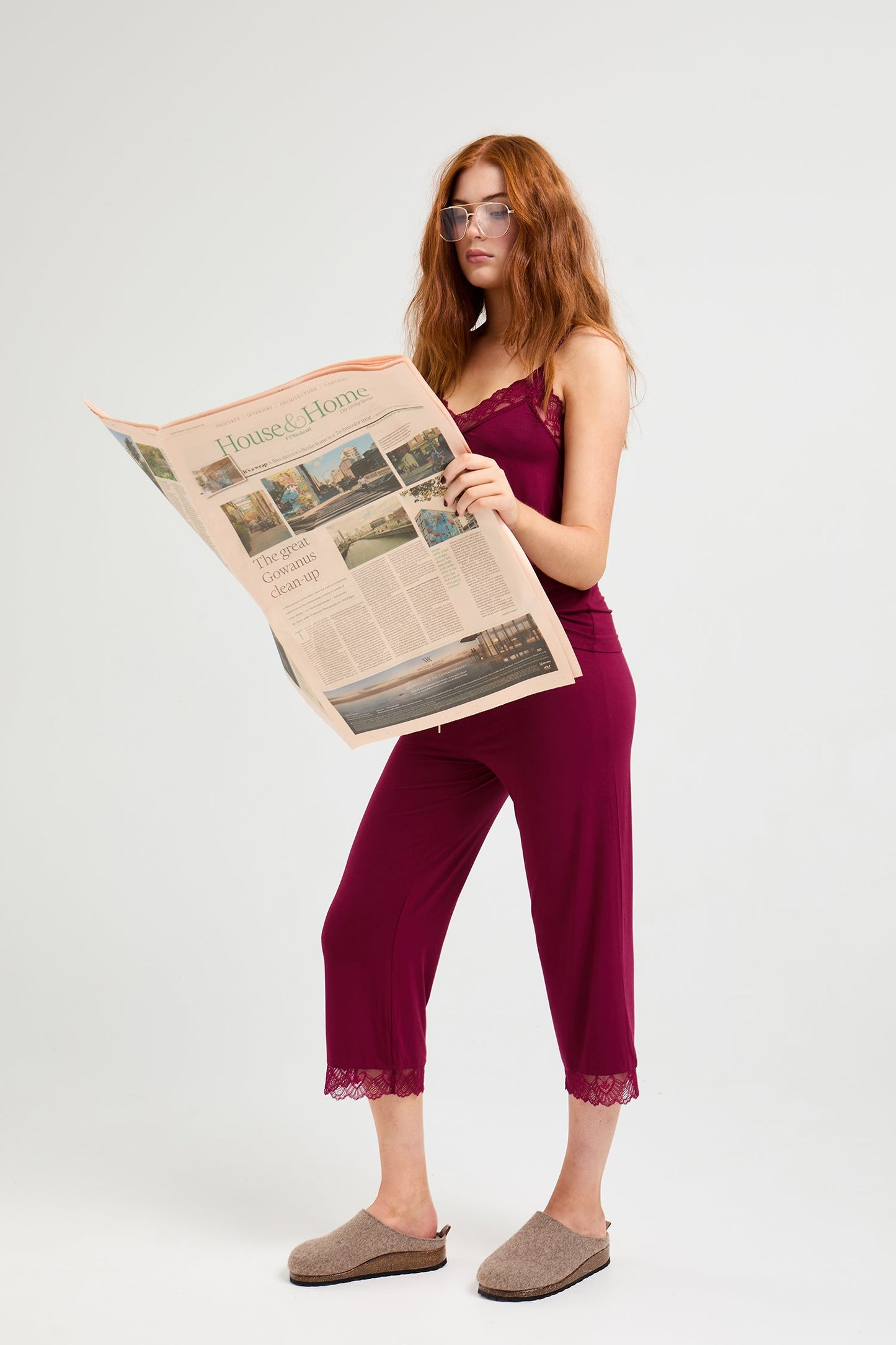 Bamboo Lace Cami Cropped Trouser Pyjama Set in Bordeaux