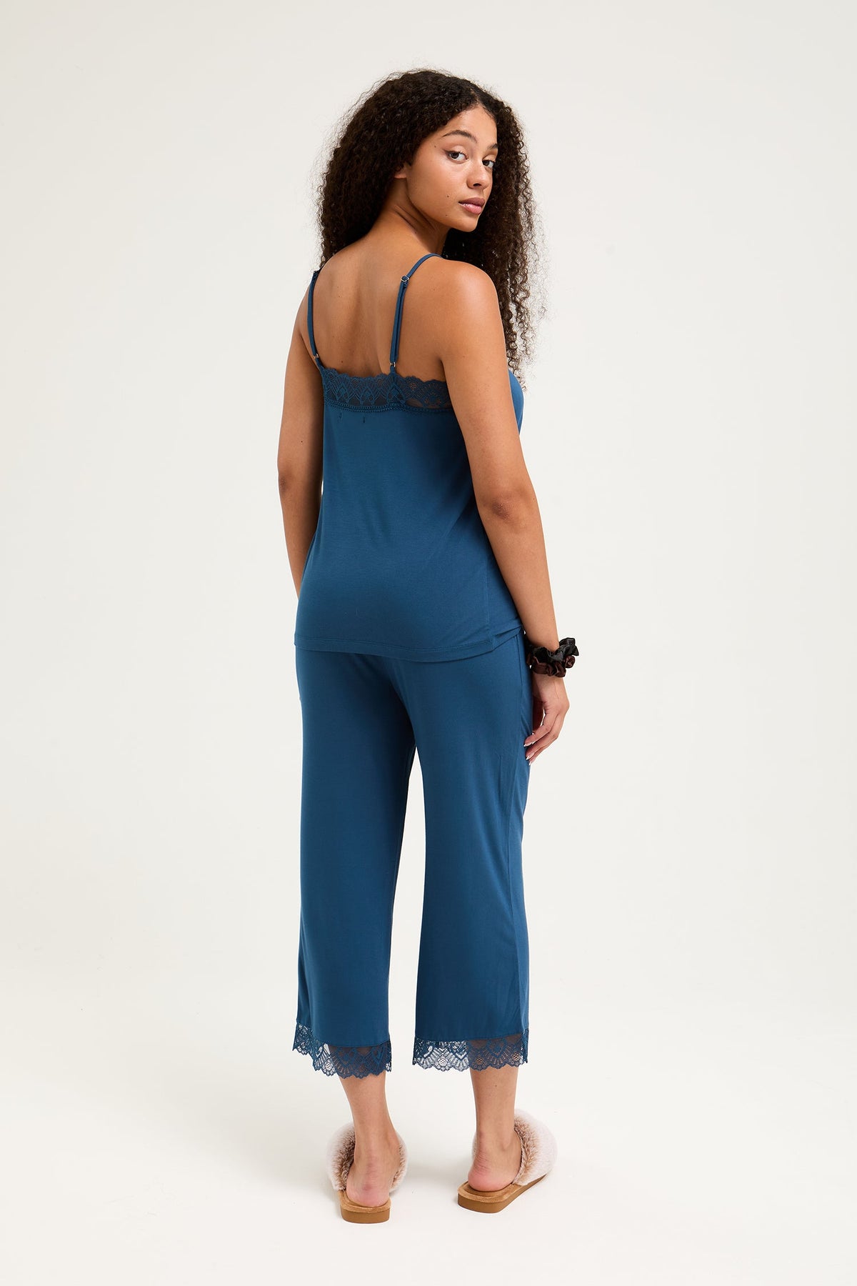 Bamboo Lace Cami Cropped Trouser Pyjama Set in Teal