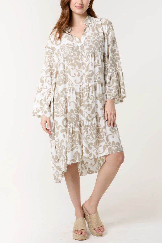 Elegant beige damask floral midi dress with a tiered design, fitting sizes 8-16, crafted from lightweight 100% viscose.