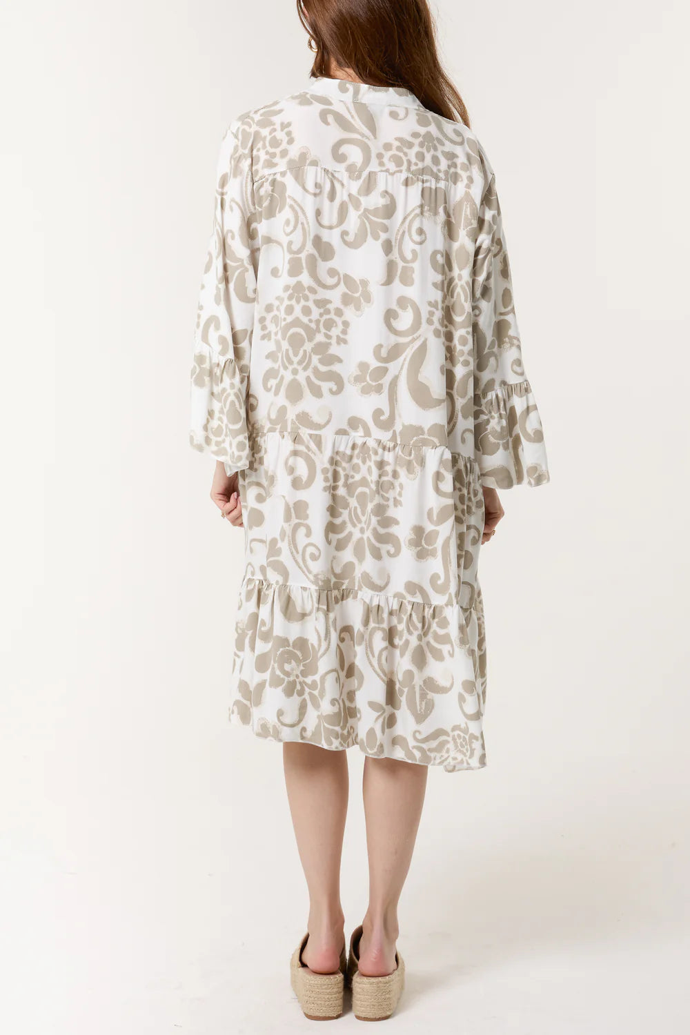 Elegant beige Damask Floral Tiered Midi Dress with a flowing design, perfect for sizes 8-16, crafted from soft viscose.