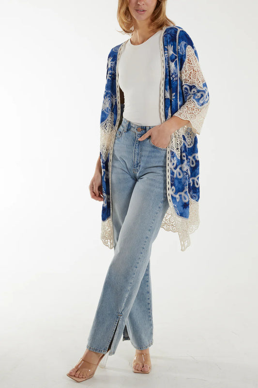 Lace Crochet Detail Kimono Blue
