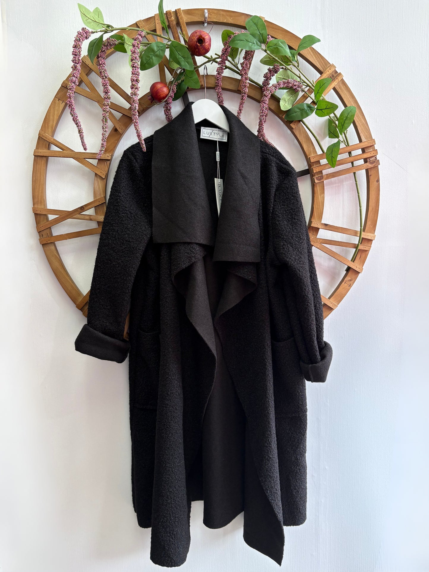 Luxtyle Waterfall Edge Coat – Black or Khaki – One Size Fits Up to UK 18