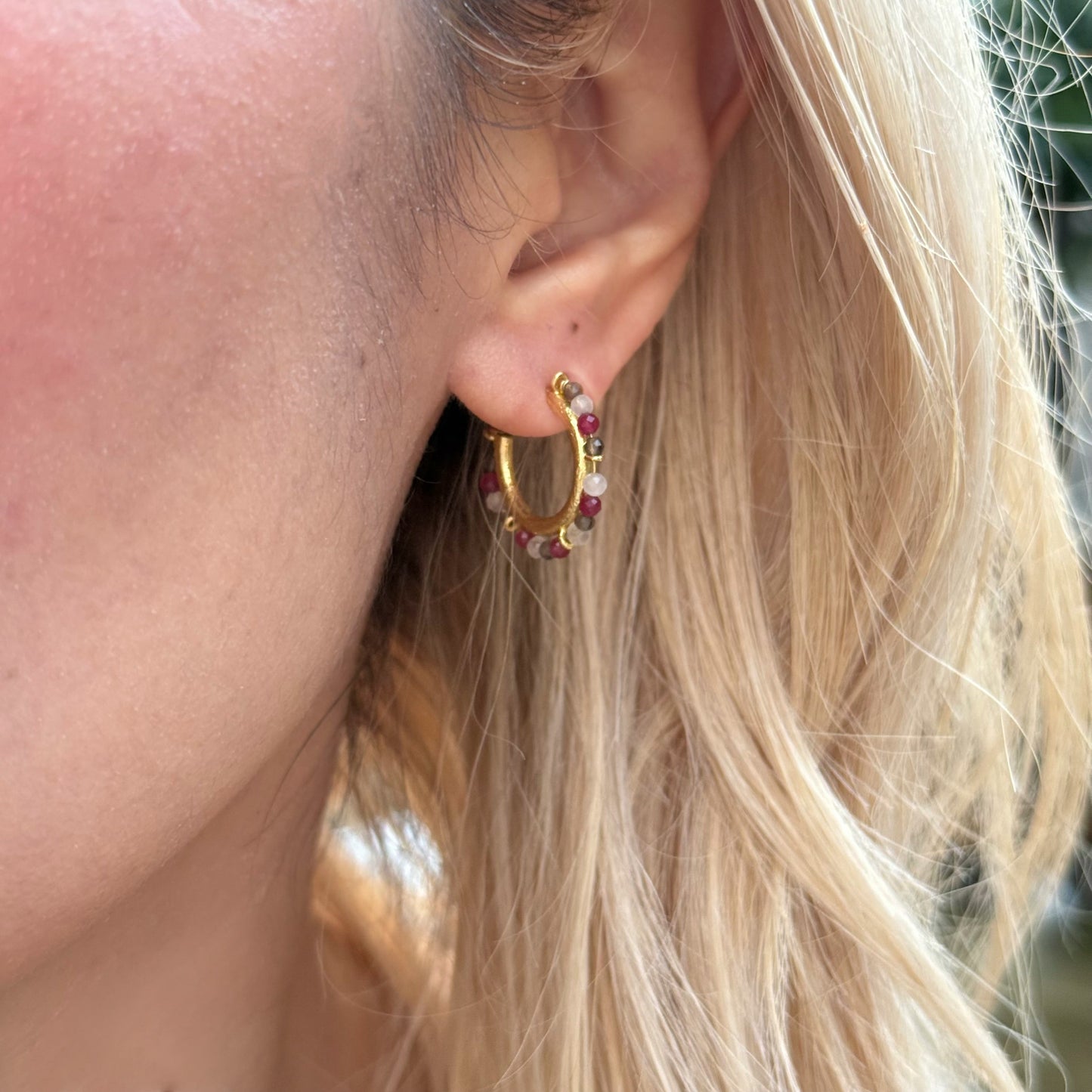 Ophelia Small Gemstone Hoops Smoky Quartz, Rose Quartz & Ruby