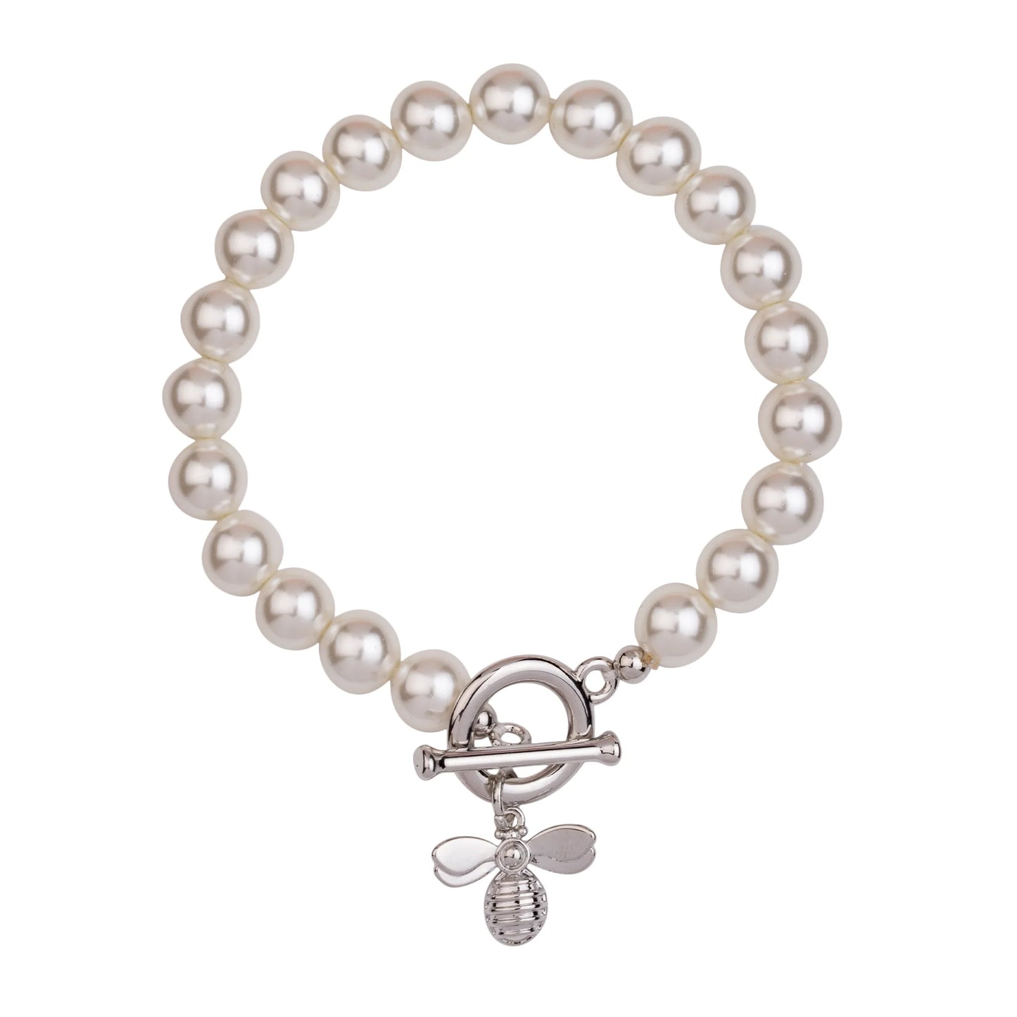 Delicate rhodium silver bracelet with cream mother of pearl accents, featuring a charming bee design for a whimsical touch.