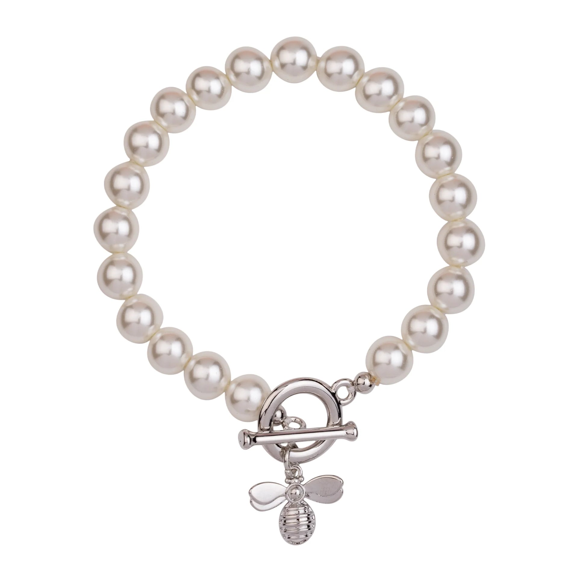 Delicate rhodium silver bracelet with cream mother of pearl accents, featuring a charming bee design for a whimsical touch.