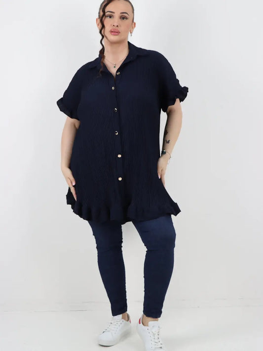 Italian Pleated Dip Hem Button Down Shirt Top One Size fits 8-22uk Black