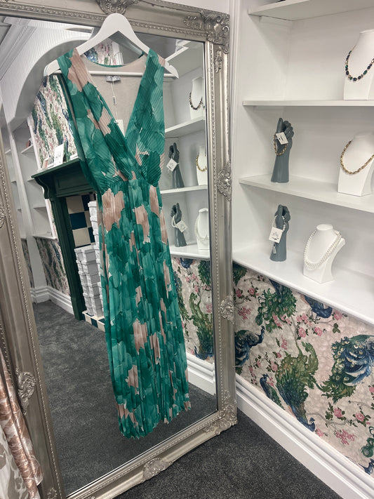 Vibrant green pleated floral dress with a flattering fit for sizes 8-14, featuring delicate patterns and a flowy design.