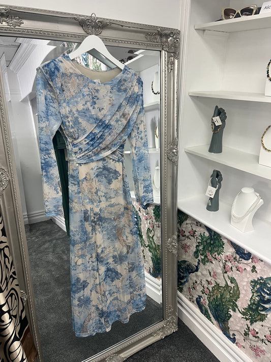Elegant blue longsleeve crossover dress with a flattering fit for sizes 8-14, featuring a stylish wrap design.