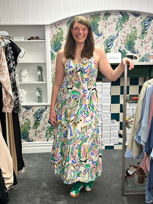 Abstract Print Tie Detail Maxi Dress Size 10 40% OFF
