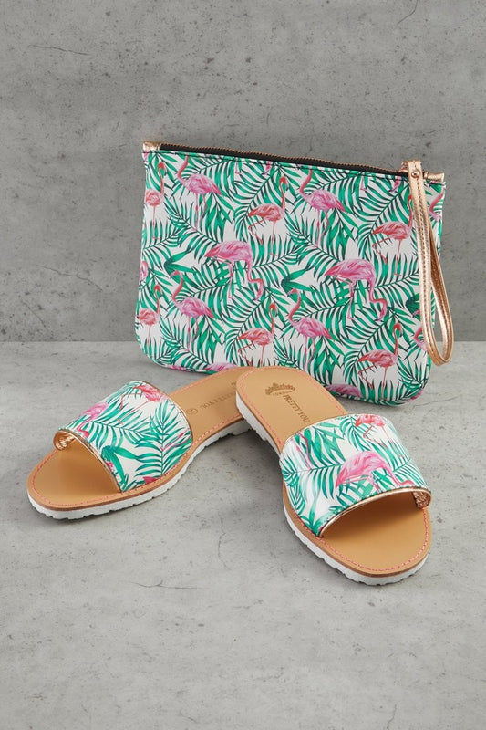 Flamingo Printed Slide and Clutch Set